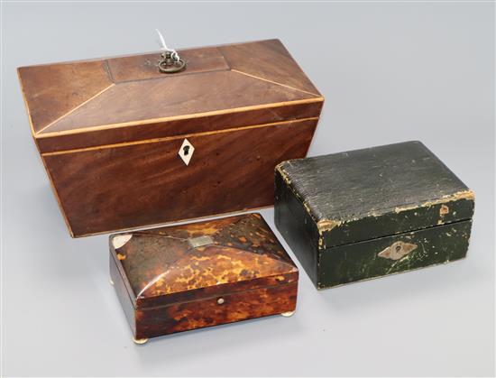 A Victorian tortoiseshell box, tea caddy and jewellery box Tea caddy 28cm wide x 14cm deep x 13cm high